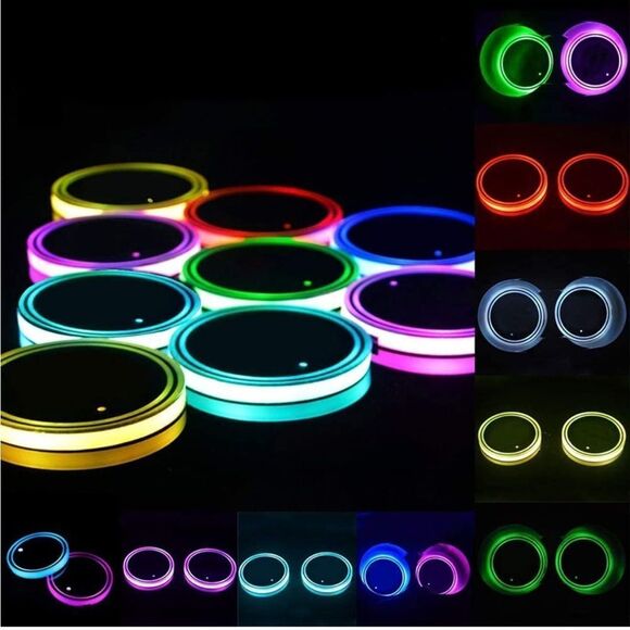 2 Pieces Led Car Cup Holder Coasters with 7 Colors USB Charging - Picture 2 of 5